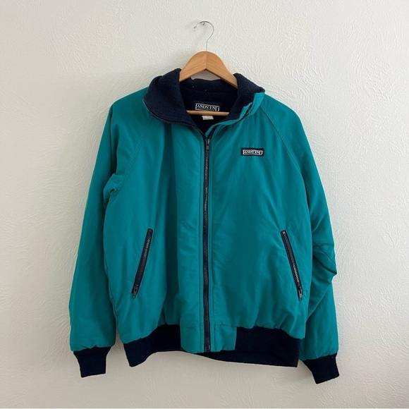 Vintage 90s Lands' End Fleece Lined Jacket Teal Navy Blue Pockets Winter Size L - Picture 2 of 16